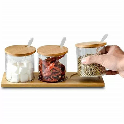 Spice Jar Set with Bamboo Lids, Spoons and a Wooden Tray
