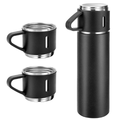 A set of one and two mugs made of stainless steel with a silicone handle