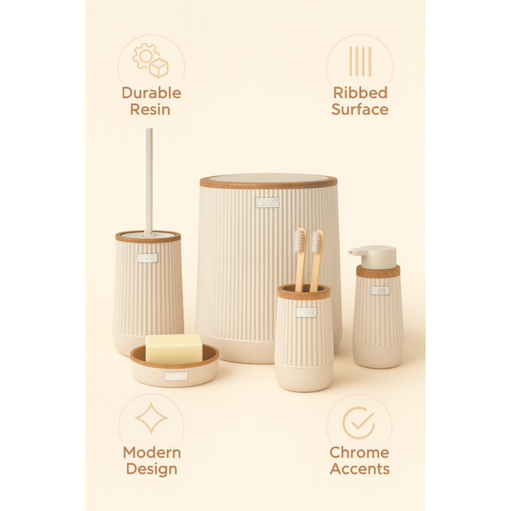 5-Piece Bathroom Accessories Set – Wood-Grain Accents, Durable Plastic
