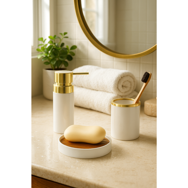 Bathroom Accessories Set (3-Piece Acrylic) – Gold Ring Trim