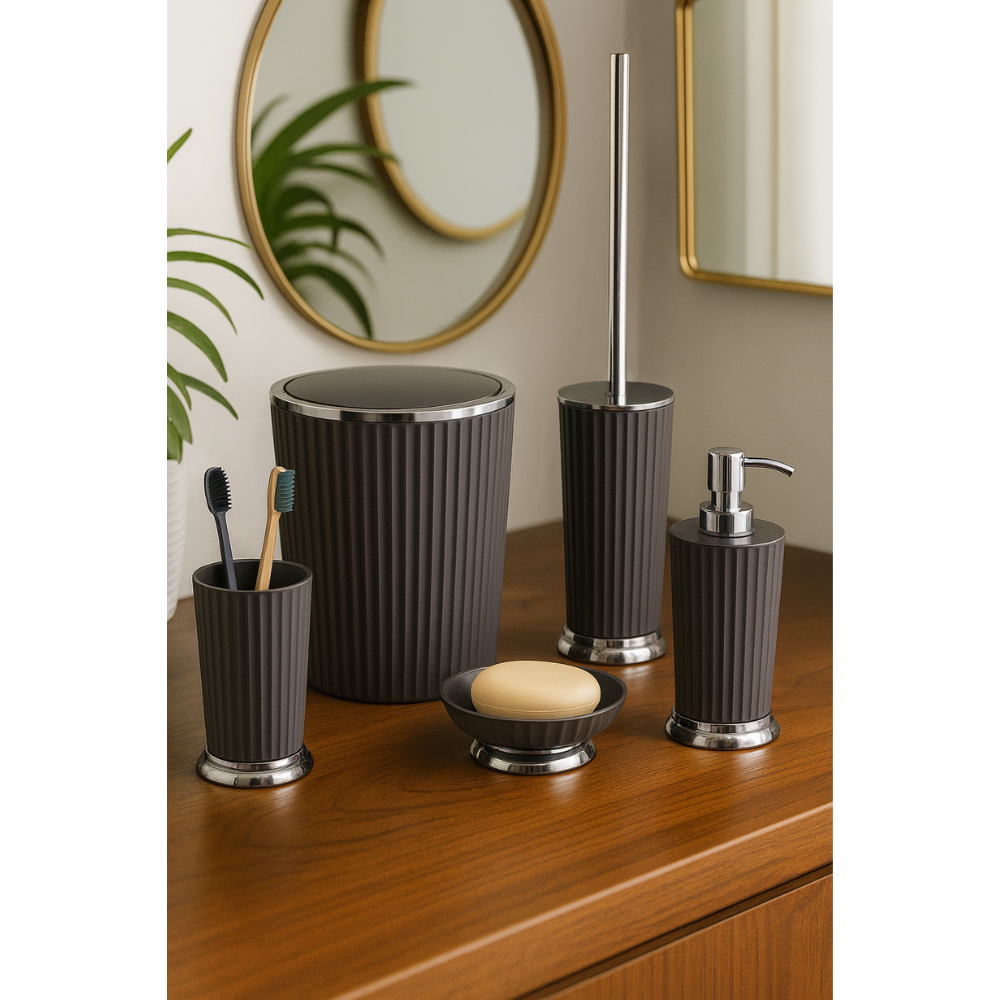 Ribbed Bathroom Accessories Set – Chrome Accents, 5-Piece