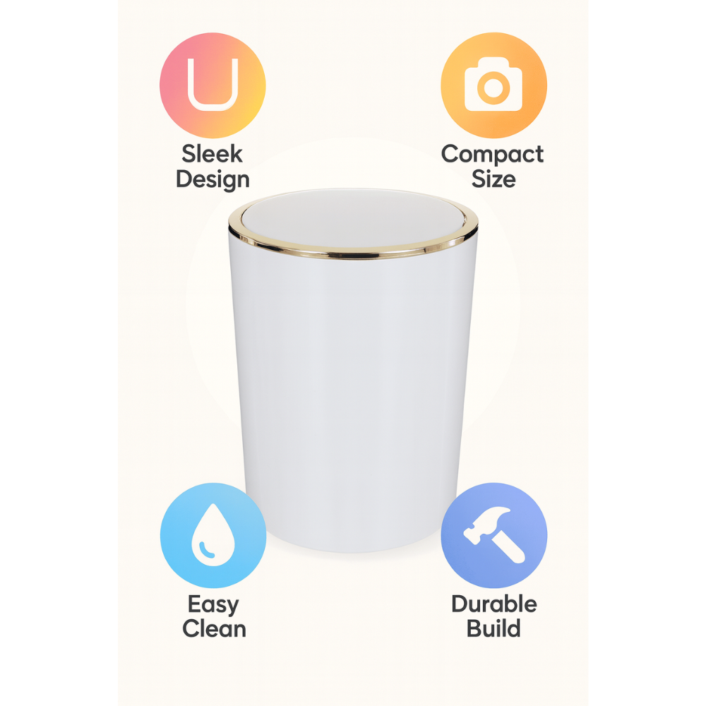 Acrylic Swing-Lid Trash Can – Gold Ring Rim Design, 6 Liter