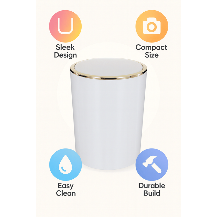 Acrylic Swing-Lid Trash Can – Gold Ring Rim Design, 6 Liter