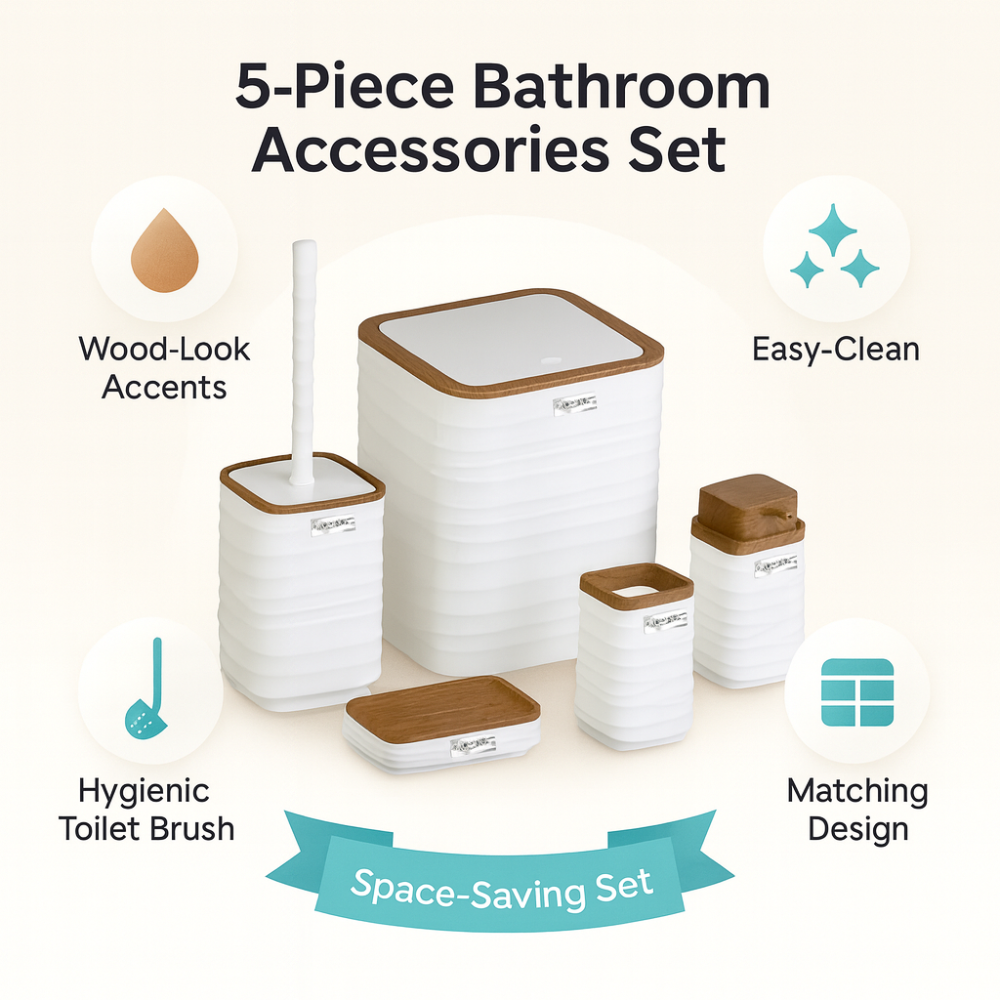 Modern 5-Piece Bathroom Accessories Set – Covered Bin, Wood-Grain Accents