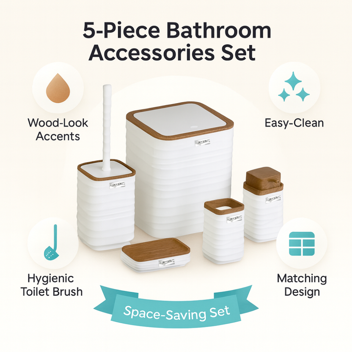 Modern 5-Piece Bathroom Accessories Set – Covered Bin, Wood-Grain Accents