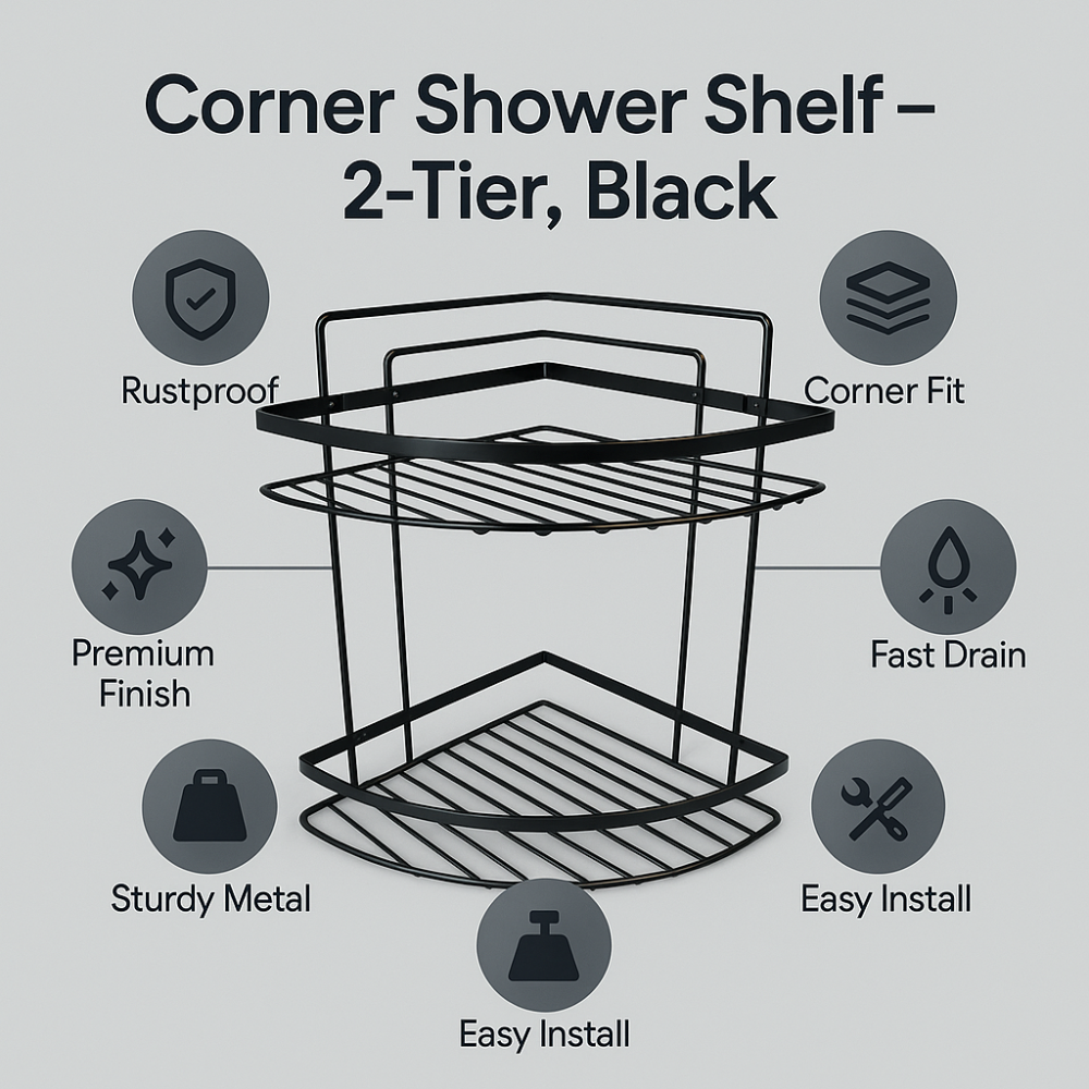 رف حمام زاوية من الفولاذ المقاوم للصدأ، أسود مقاوم للصدأ