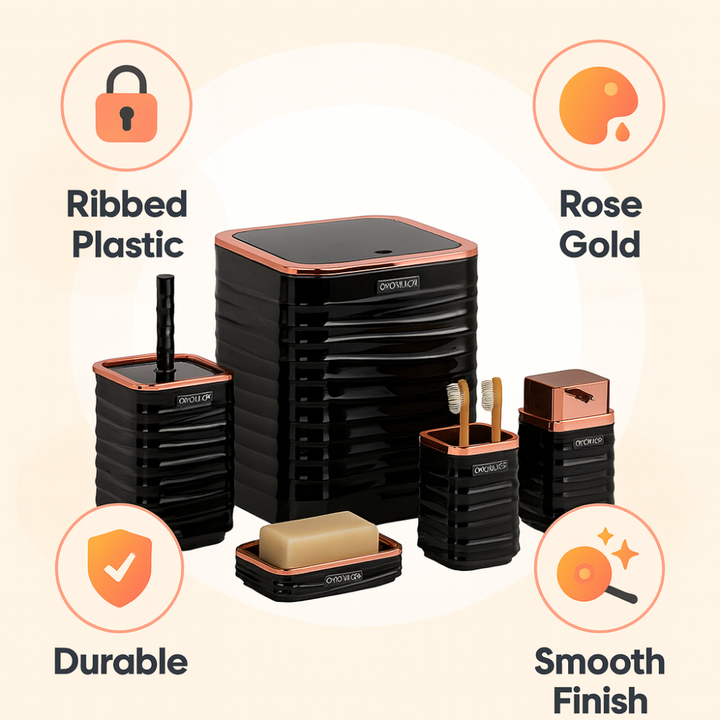 Okyanus 5-Piece Bathroom Accessories Set – Rose-Gold Accents, Easy-Clean