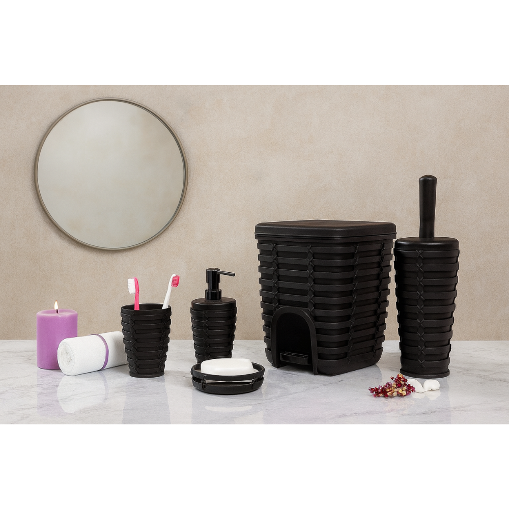 Rattan-Style 5-Piece Bathroom Accessory Set with 5 Liter Pedal Bin | Primanova