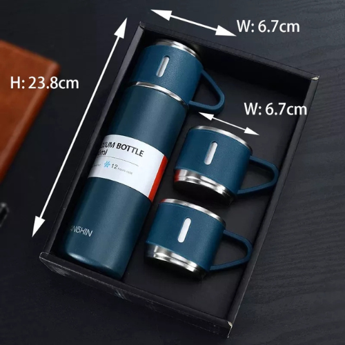A set of one and two mugs made of stainless steel with a silicone handle