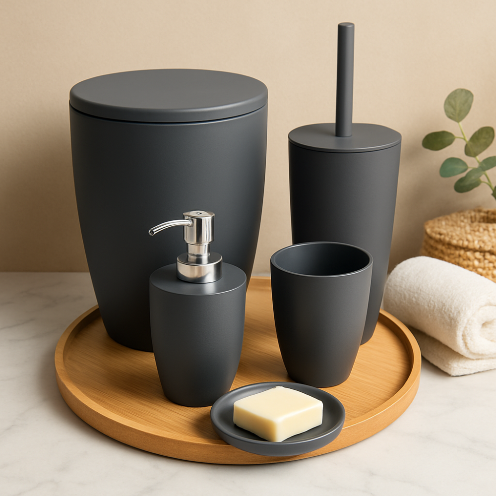 Bathroom accessories set 5 pieces – durable plastic, 7.5 Liter bin