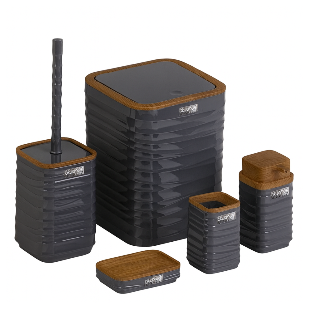 Modern 5-Piece Bathroom Accessories Set – Covered Bin, Wood-Grain Accents