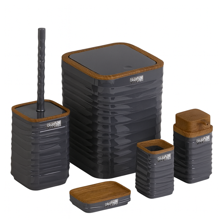 Modern 5-Piece Bathroom Accessories Set – Covered Bin, Wood-Grain Accents
