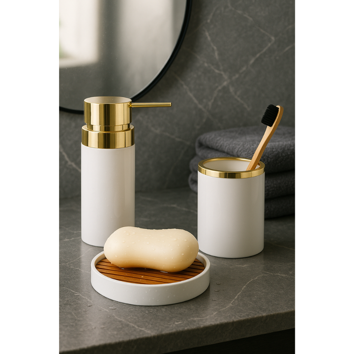 Bathroom Accessories Set (3-Piece Acrylic) – Gold Ring Trim