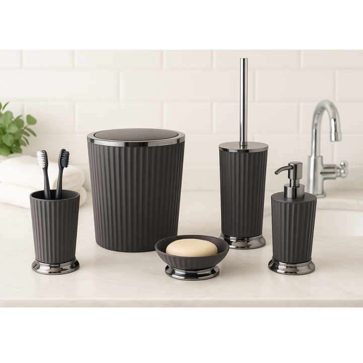Ribbed Bathroom Accessories Set – Chrome Accents, 5-Piece