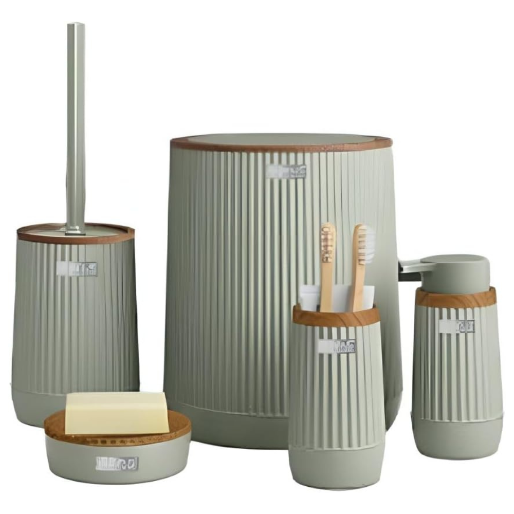 5-Piece Bathroom Accessories Set – Wood-Grain Accents, Durable Plastic