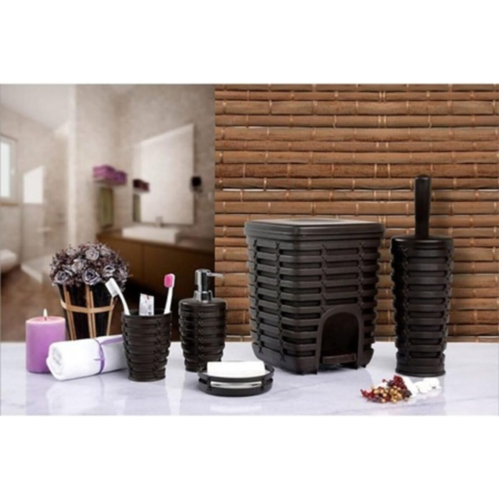 Rattan-Style 5-Piece Bathroom Accessory Set with 5 Liter Pedal Bin | Primanova