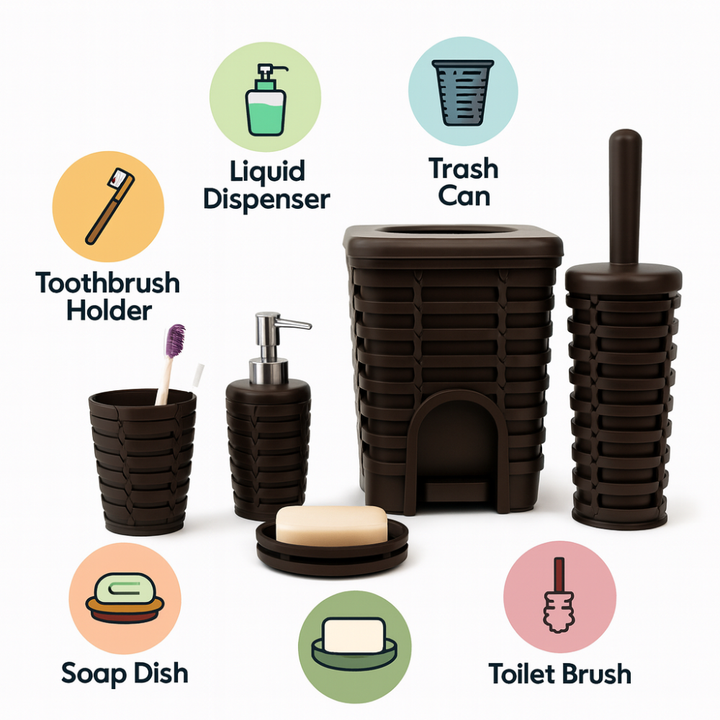 Rattan-Style 5-Piece Bathroom Accessory Set with 5 Liter Pedal Bin | Primanova