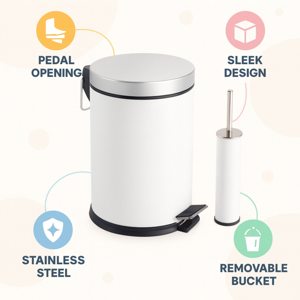 Bathroom Pedal Bin & Toilet Brush Set – Soft-Close Lid, Removable Inner Bucket