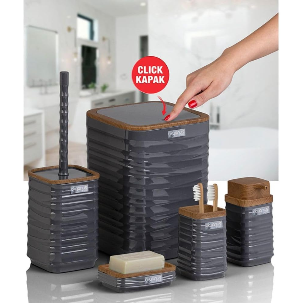 Modern 5-Piece Bathroom Accessories Set – Covered Bin, Wood-Grain Accents