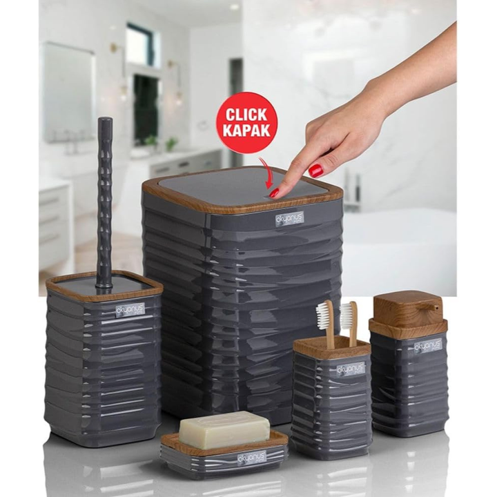 Modern 5-Piece Bathroom Accessories Set – Covered Bin, Wood-Grain Accents
