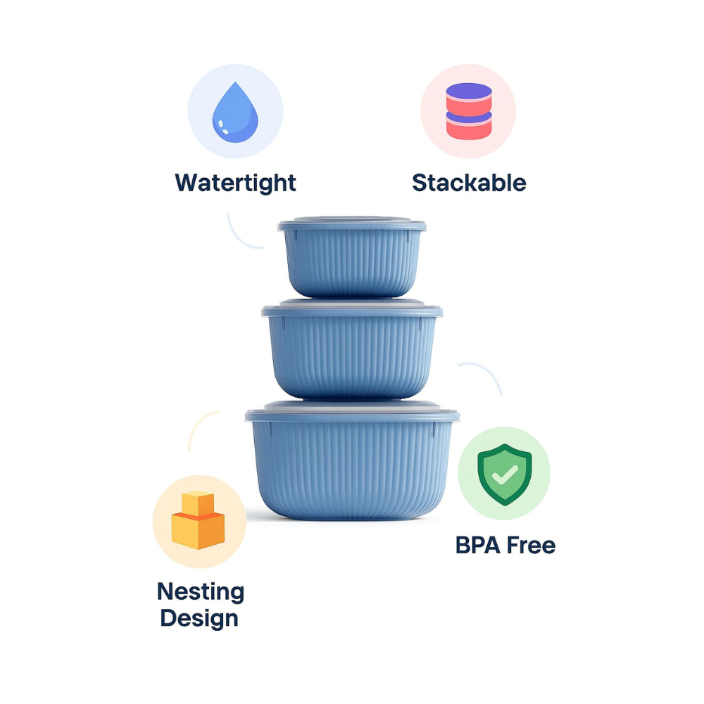Square Food Storage Container Set – Airtight, 3pc 600/1100/1800 milliliter