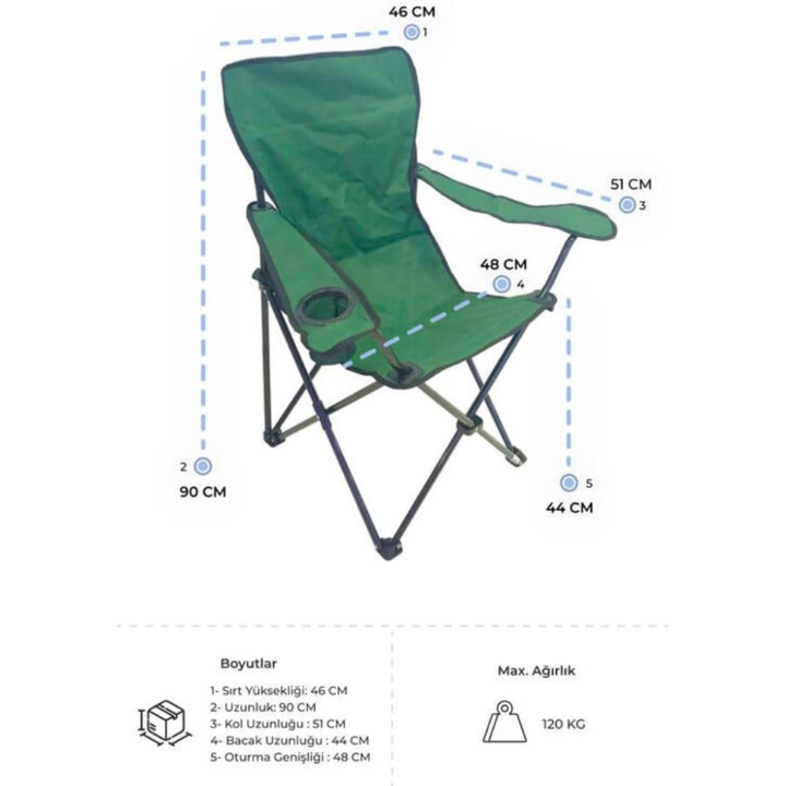 Camping Folding Chair with Armrests & Cup Holder – Metal Frame, 120 kg Capacity, 45×45×87 cm | Primanova