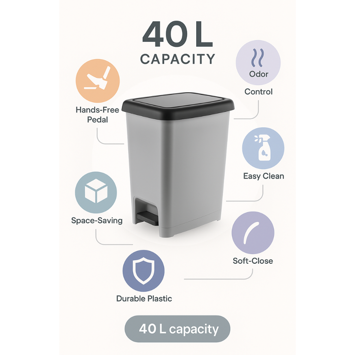 سلة مهملات دنيا البلاستيكية النحيفة ذات الدواسة المستطيلة - (رمادي)