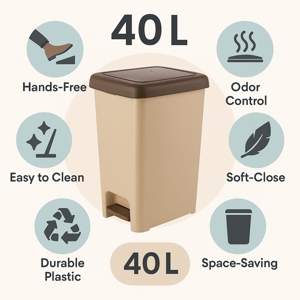 سلة مهملات دنيا البلاستيكية النحيفة ذات الدواسة - (بيج)