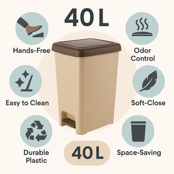 سلة مهملات دنيا البلاستيكية النحيفة ذات الدواسة - (بيج)