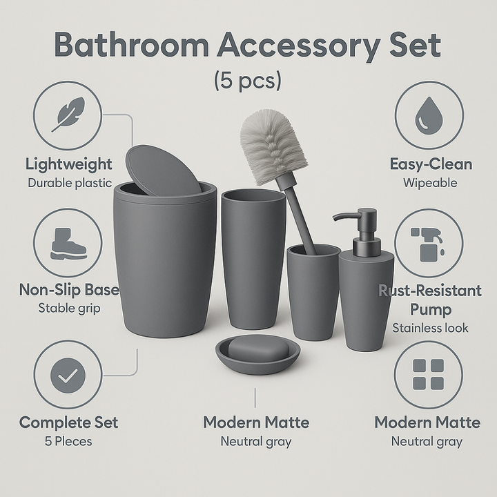 Bathroom accessories set 5 pieces – durable plastic, 7.5 Liter bin
