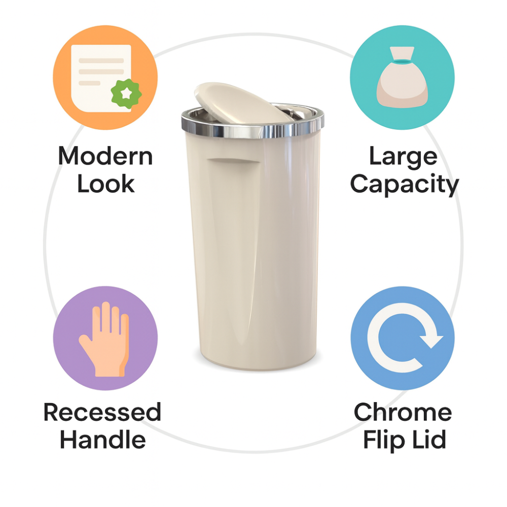 35 Liter Swing-Lid Trash Can with Chrome Rim –  30×56 cm | Primanova