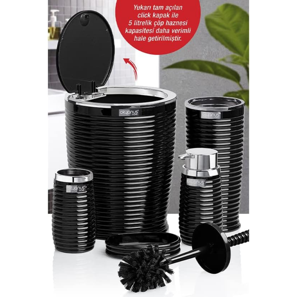 Okyanus 5-Piece Bathroom Set – Ribbed Design with Chrome Frame