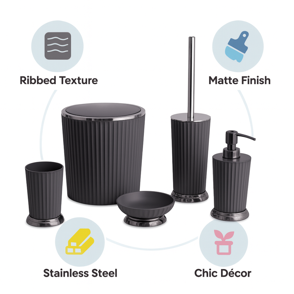 Ribbed Bathroom Accessories Set – Chrome Accents, 5-Piece