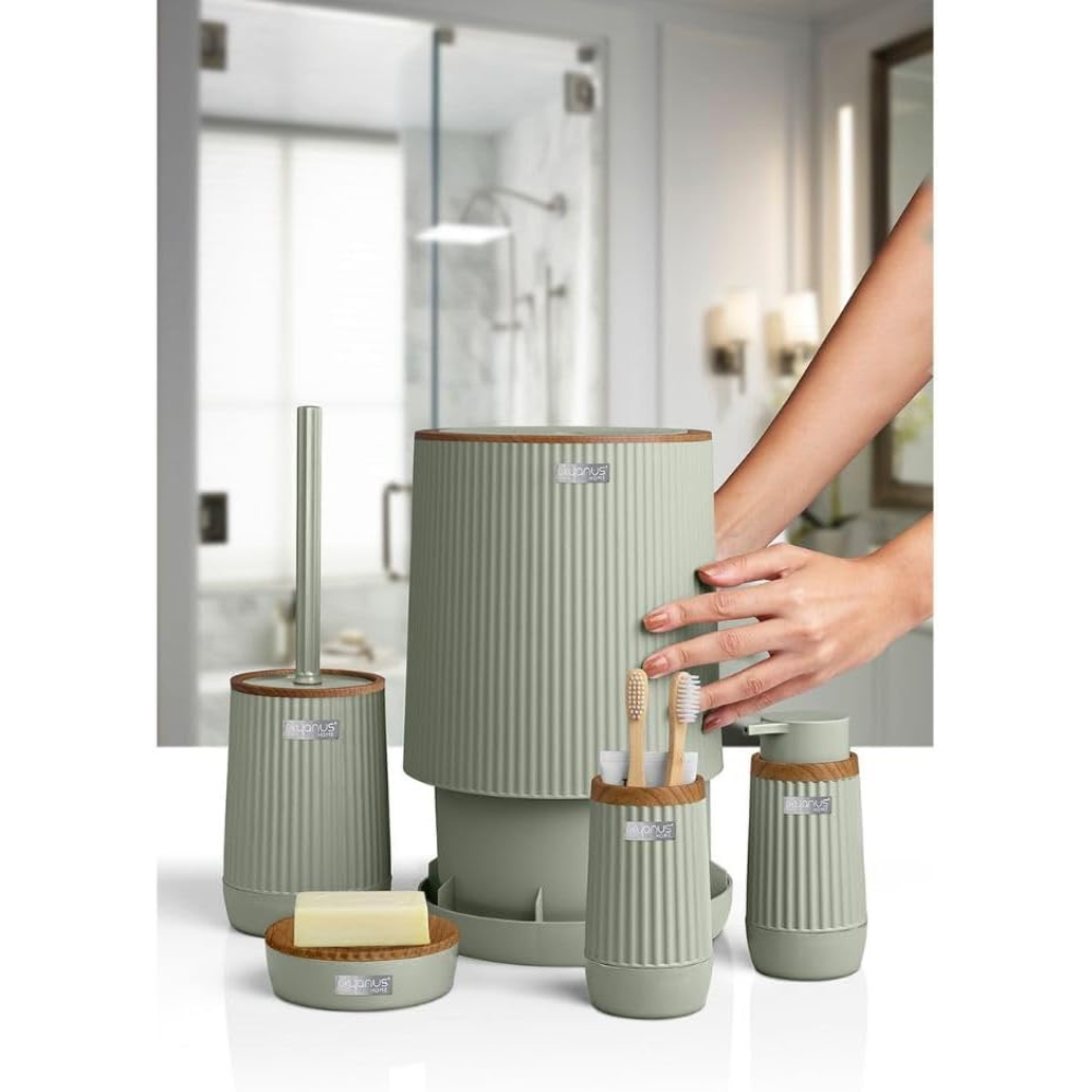 5-Piece Bathroom Accessories Set – Wood-Grain Accents, Durable Plastic