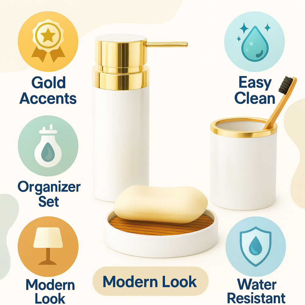 Bathroom Accessories Set (3-Piece Acrylic) – Gold Ring Trim