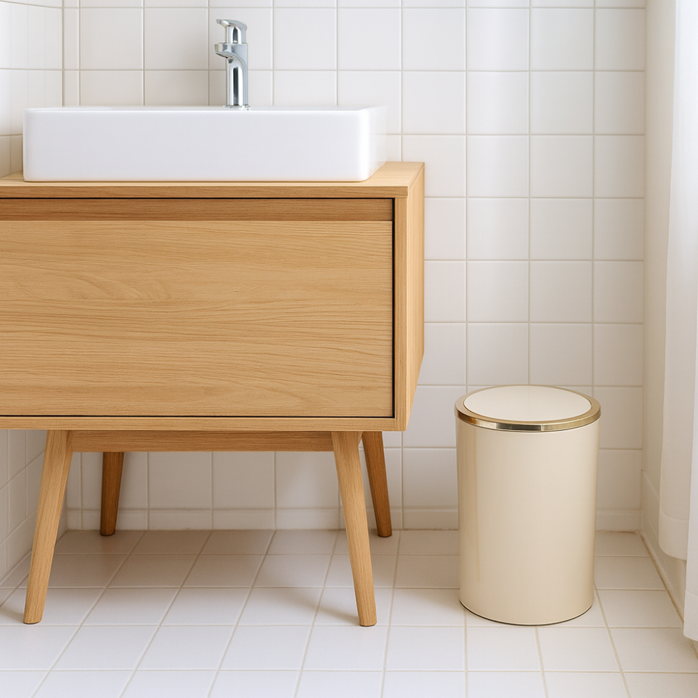 Acrylic Swing-Lid Trash Can – Gold Ring Rim Design, 6 Liter