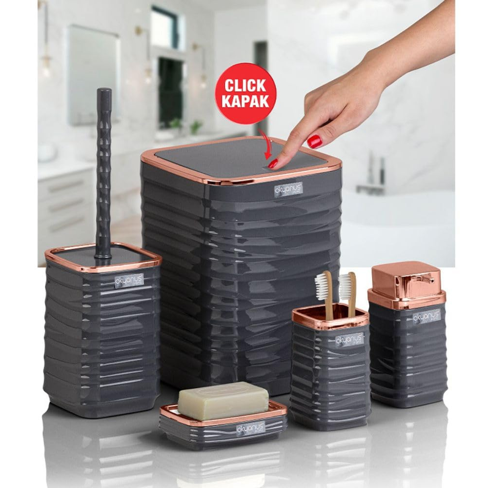 Okyanus 5-Piece Bathroom Accessories Set – Rose-Gold Accents, Easy-Clean