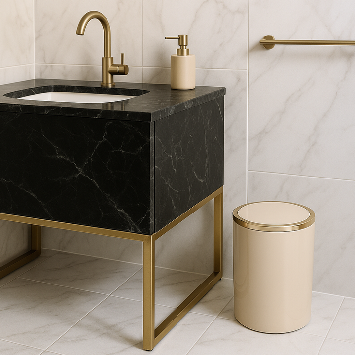 Acrylic Swing-Lid Trash Can – Gold Ring Rim Design, 6 Liter