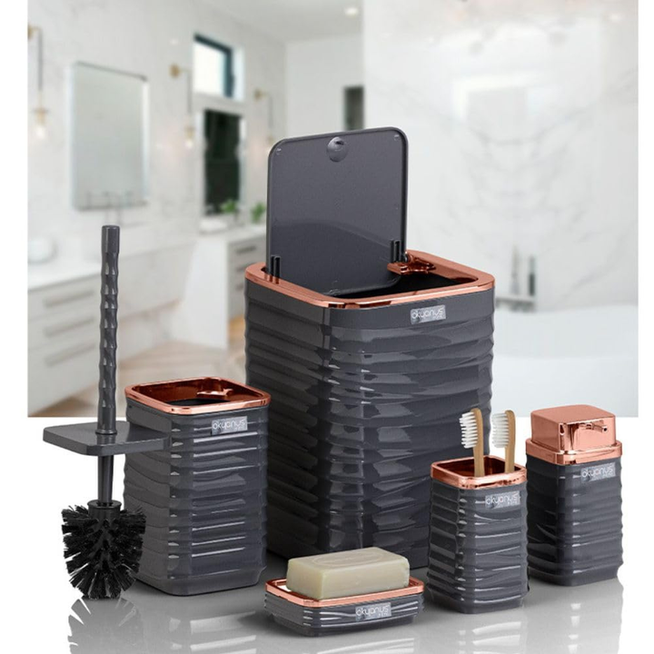 Okyanus 5-Piece Bathroom Accessories Set – Rose-Gold Accents, Easy-Clean