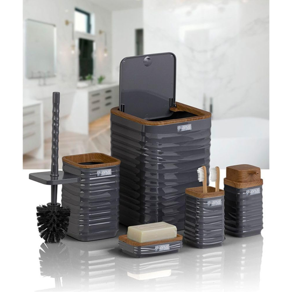 Modern 5-Piece Bathroom Accessories Set – Covered Bin, Wood-Grain Accents