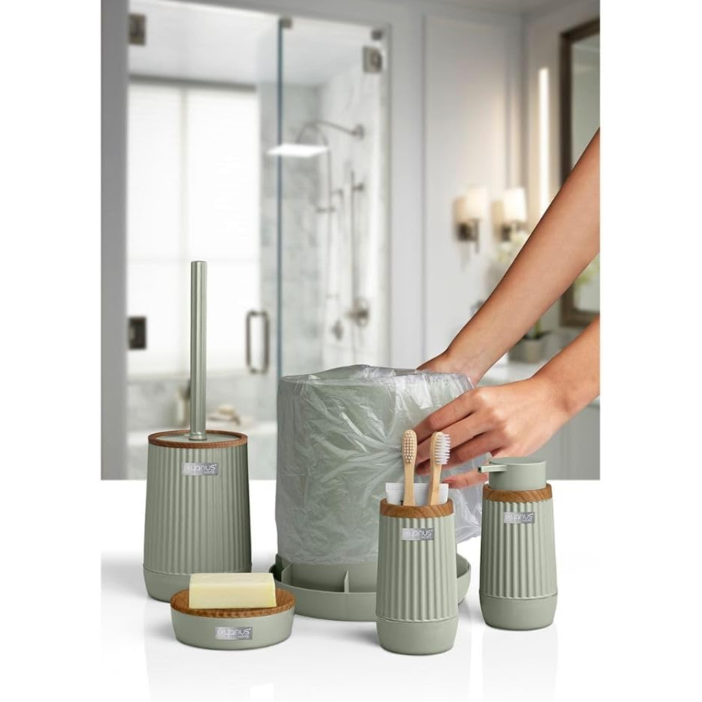 5-Piece Bathroom Accessories Set – Wood-Grain Accents, Durable Plastic