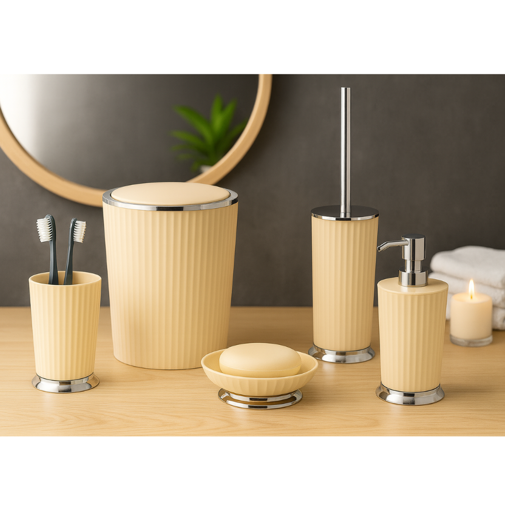 Ribbed Bathroom Accessories Set – Chrome Accents, 5-Piece