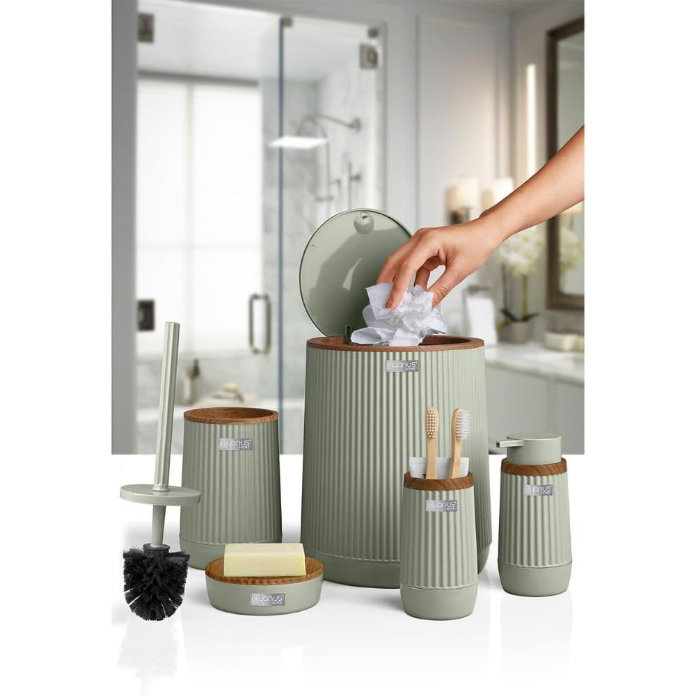 5-Piece Bathroom Accessories Set – Wood-Grain Accents, Durable Plastic