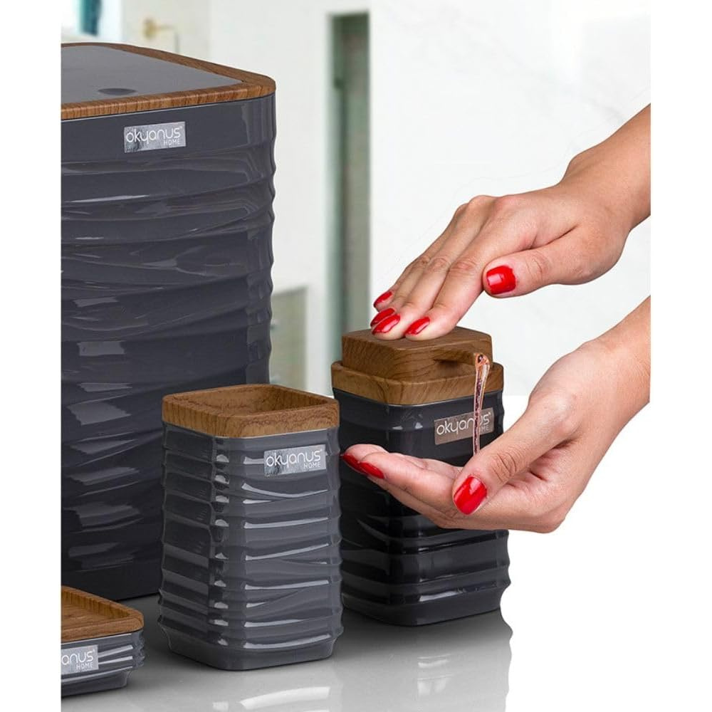 Modern 5-Piece Bathroom Accessories Set – Covered Bin, Wood-Grain Accents