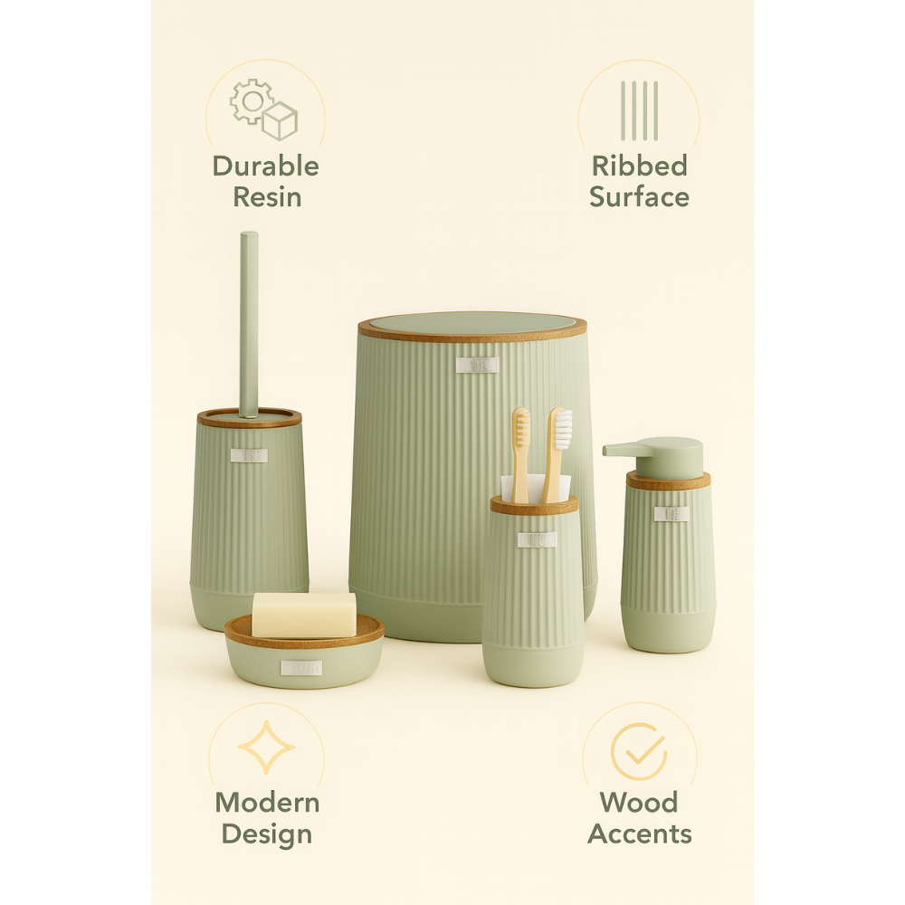 5-Piece Bathroom Accessories Set – Wood-Grain Accents, Durable Plastic