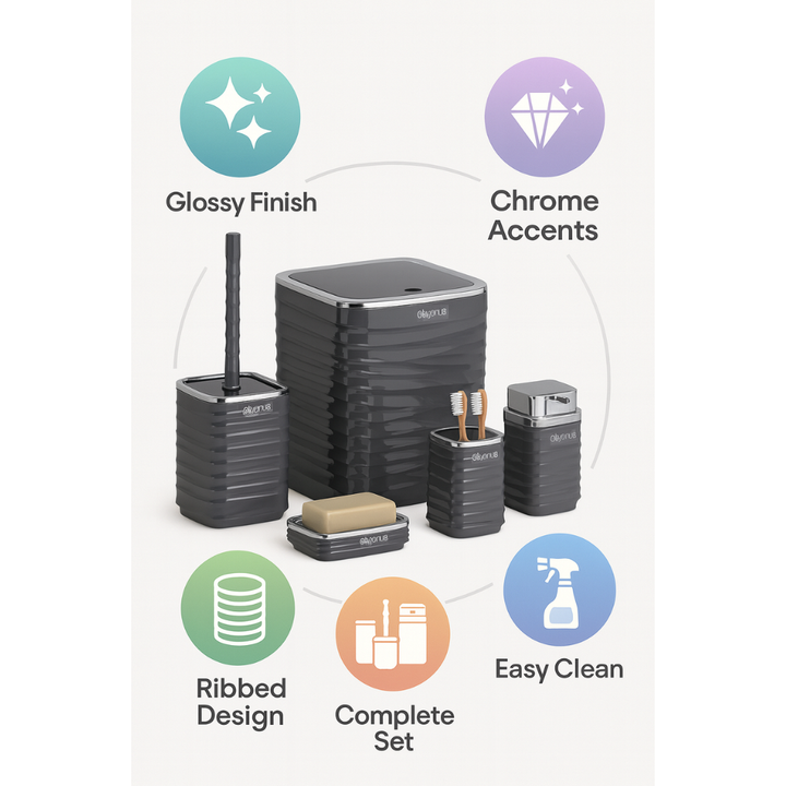 Bathroom Accessories Set 5-Piece – Chrome-Lid Luna Square