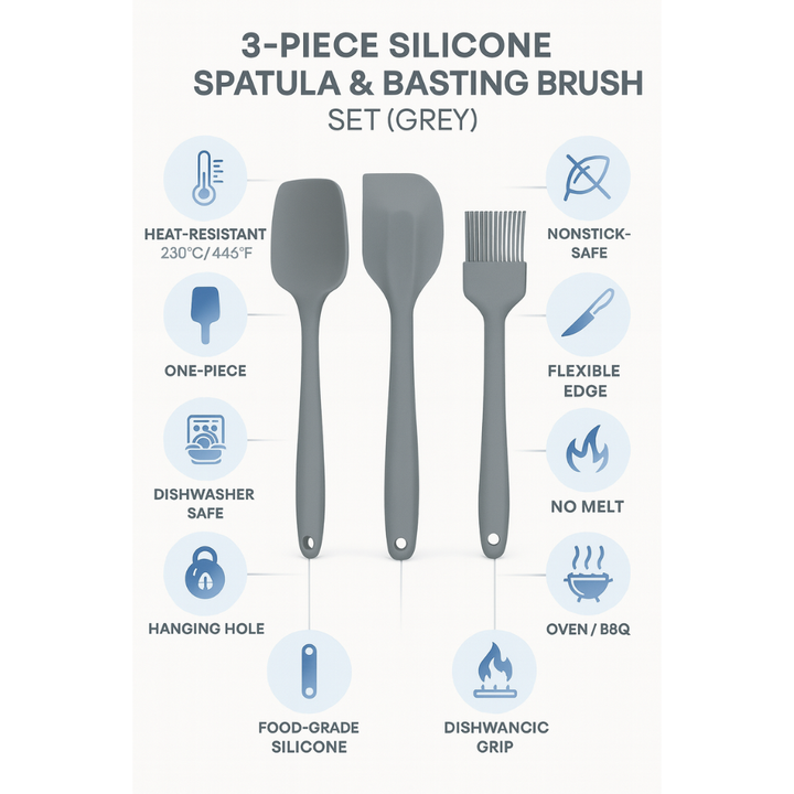 مجموعة ملعقة سيليكون وفرشاة دهن - مقاومة للحرارة (3 قطع)