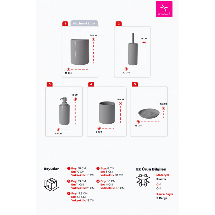 مجموعة إكسسوارات الحمام البلاستيكية فلوريس، 5 قطع