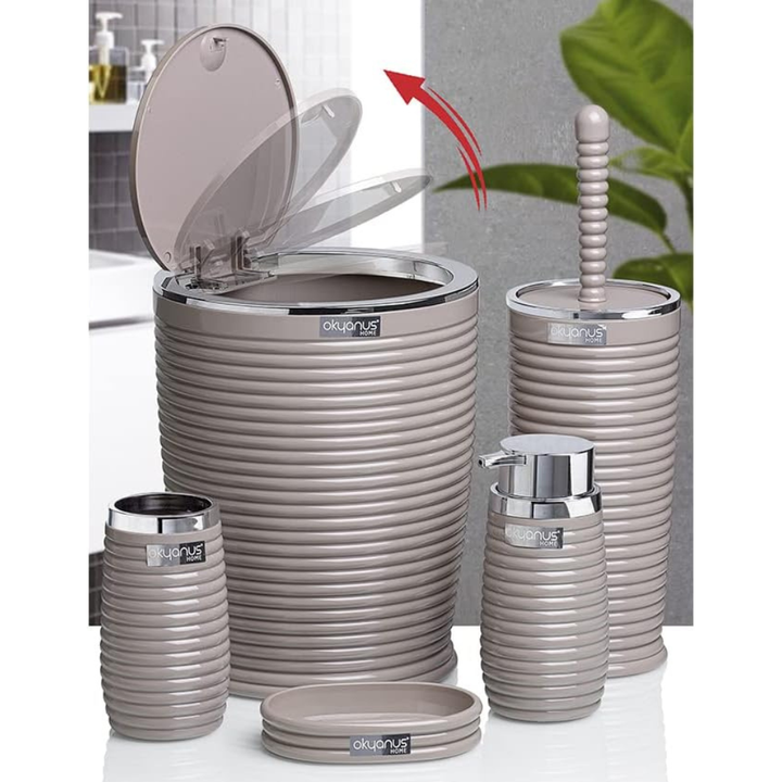 Okyanus 5-Piece Bathroom Set – Ribbed Design with Chrome Frame