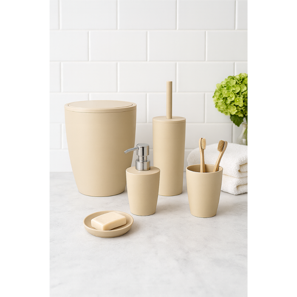 Bathroom accessories set 5 pieces – durable plastic, 7.5 Liter bin